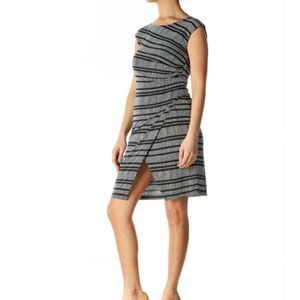 Ann Taylor Loft Dress XS Faux Wrap Sheath Black Cream Stripe Stretch Knit Midi
